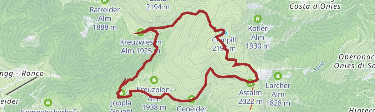 Route map: To the Campill summit on the Lüsen Alm